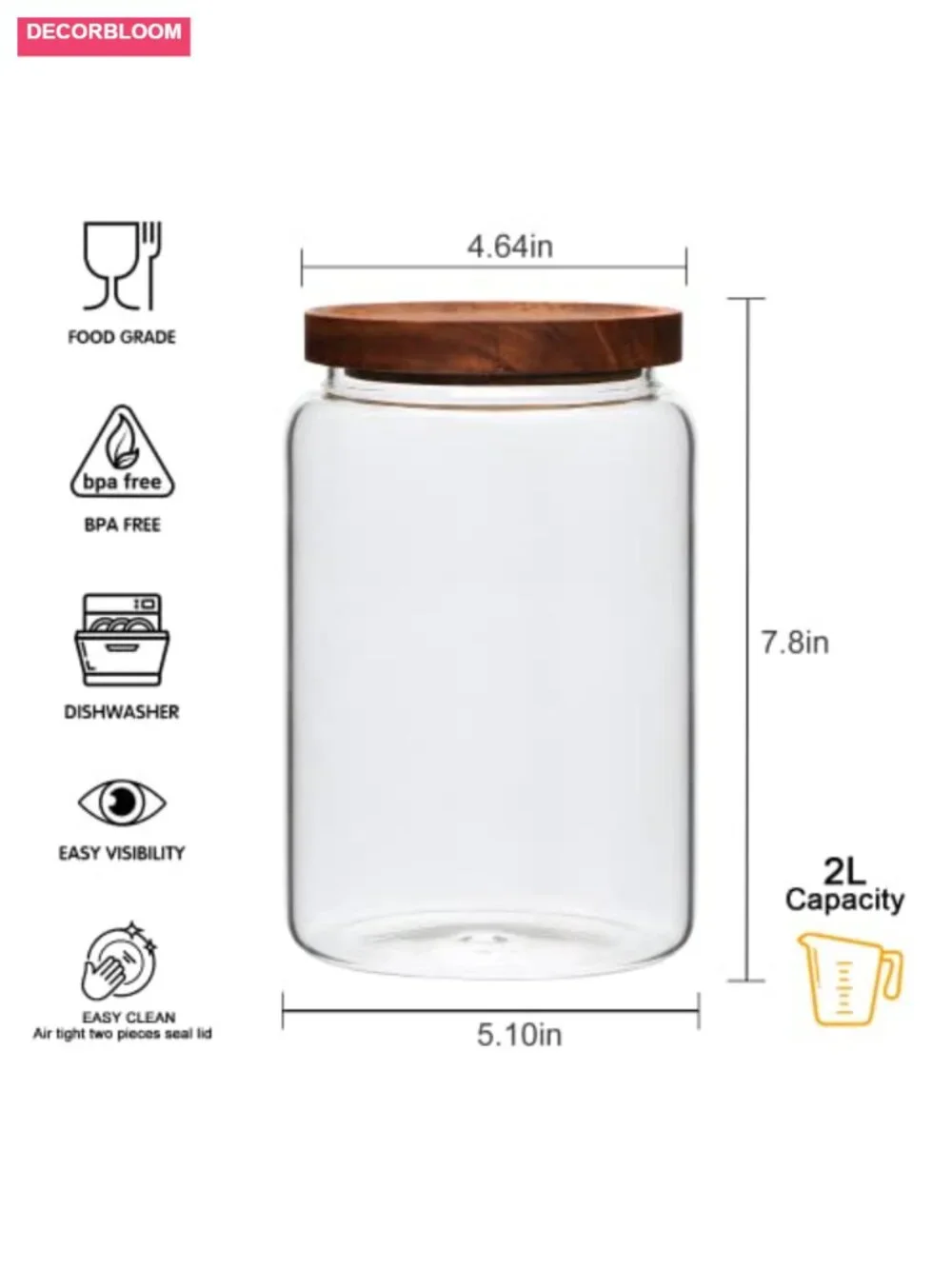 Set of 3 Large Glass Jars with Wooden Airtight Lids Food Storage Tea Spice